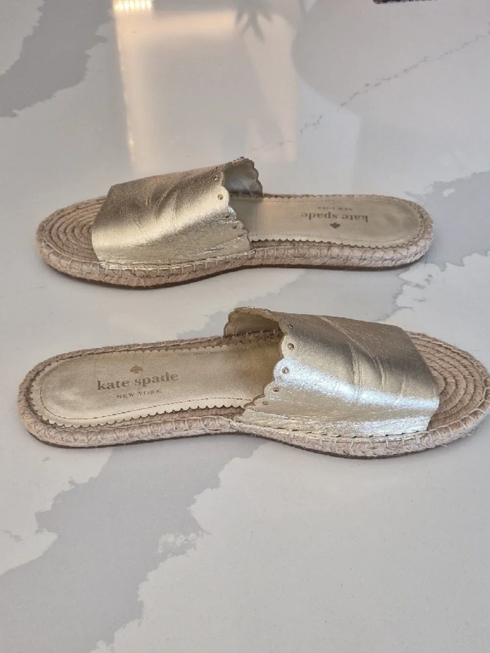 kate spade Metallic Gold Scalloped Leather Espadrille Slides